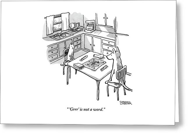 A Cat And Dog Play Scrabble In A Kitchen. 'grrr' Greeting Card