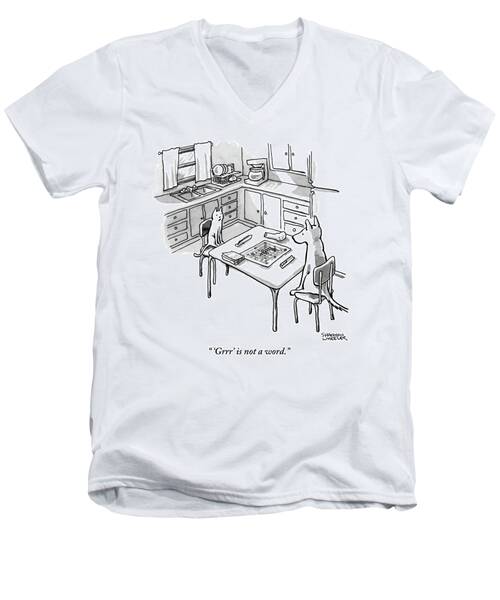 A Cat And Dog Play Scrabble In A Kitchen. 'grrr' Men's V-Neck T-Shirt