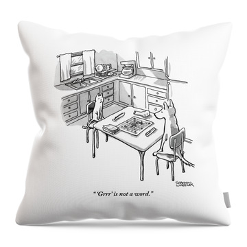 A Cat And Dog Play Scrabble In A Kitchen. 'grrr' Throw Pillow