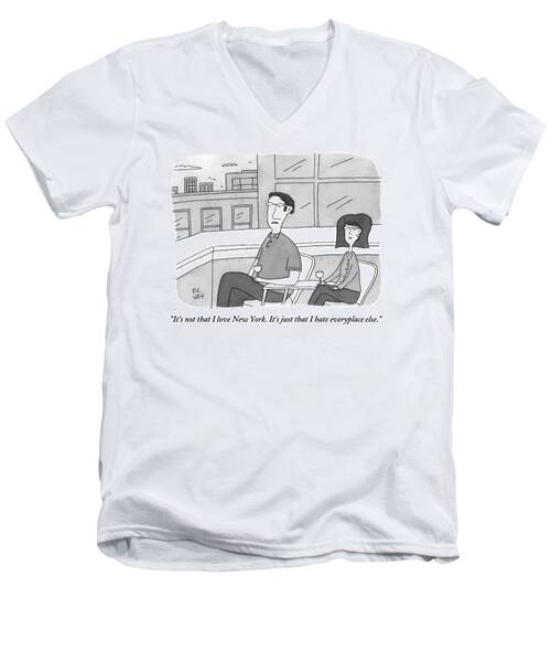 A Man Speaks To A Woman On A Balcony In The City Men's V-Neck T-Shirt