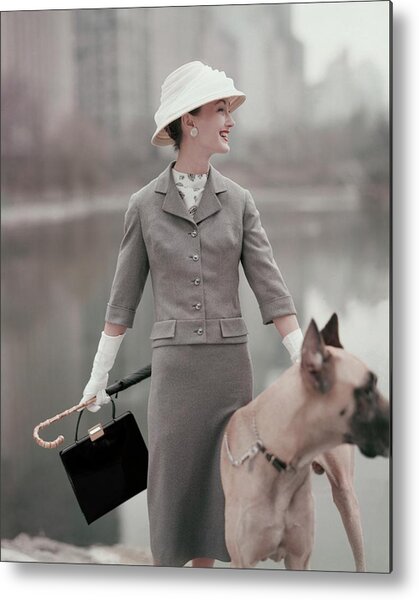 A Model Wearing A Gray Suit With A Dog Metal Print