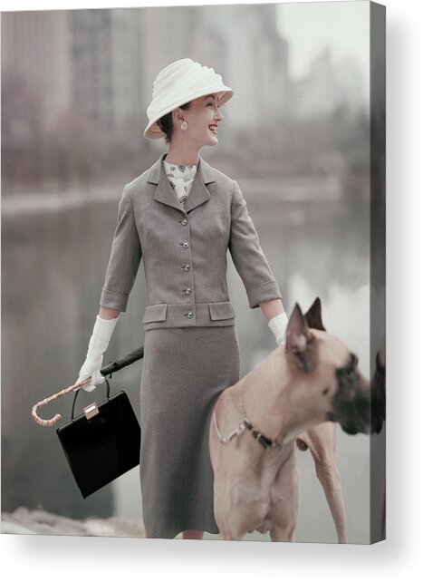 A Model Wearing A Gray Suit With A Dog Acrylic Print