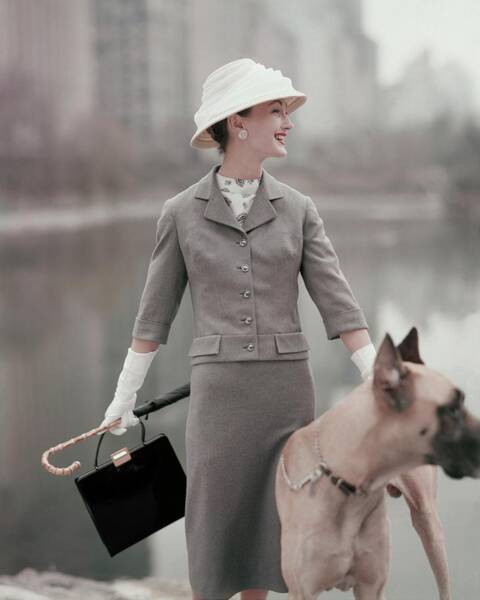 A Model Wearing A Gray Suit With A Dog Art Print