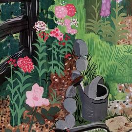 A Watering Can And A Shovel By A Flower Bed by Witold Gordon