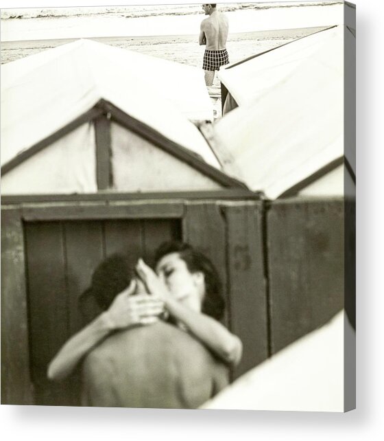 Couple Kissing By A Model Wearing Westwood Trunks Acrylic Print