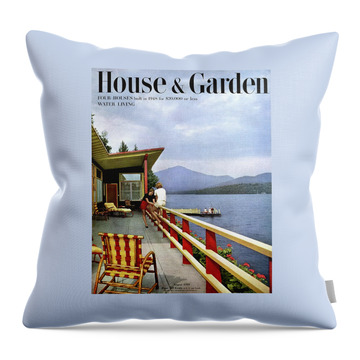 House & Garden Cover Of Women Sitting On The Deck Throw Pillow