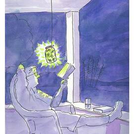 Man reads by the light of fireflies. by Michael Crawford