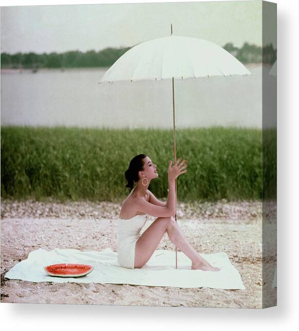 Model Barbara Mullen In A White Swimsuit Canvas Art Print by Frances McLaughlin-Gill