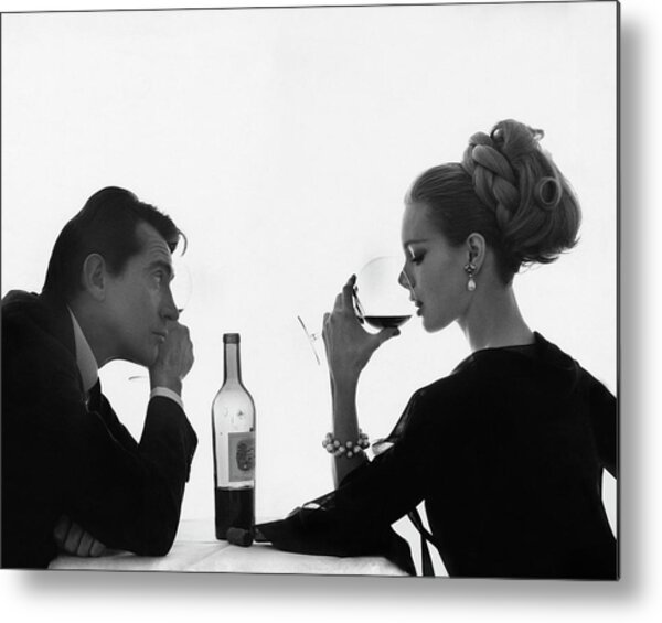 Man Gazing At Woman Sipping Wine Metal Print