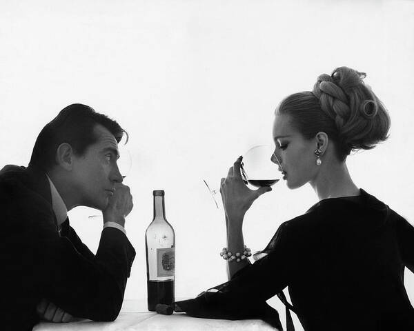 Man Gazing At Woman Sipping Wine Art Print