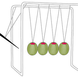 Olives and Toothpick on Newtons Cradle by Seth Fleishman