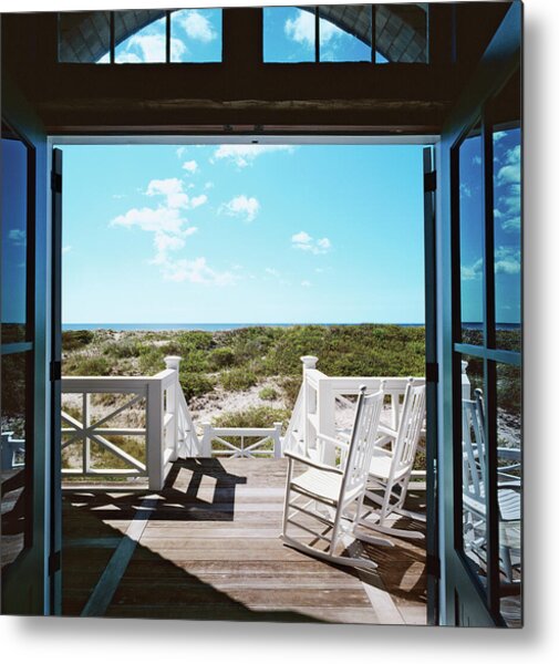 Rocking Chairs On Decking Metal Print