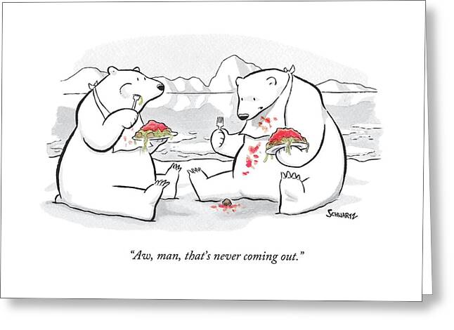 Two Polar Bears Eat Spaghetti And Meatballs.  One Greeting Card