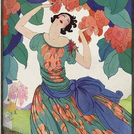 Vintage Vogue Cover Of A Woman In A Floral Dress by Helen Dryden