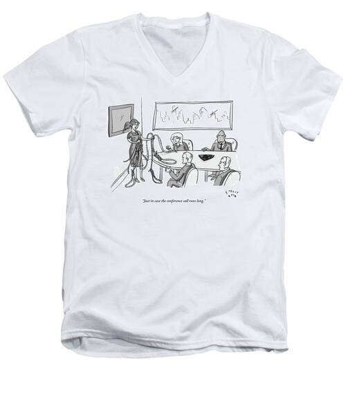 Woman Stands At The Front Of A Board Room Holding Men's V-Neck T-Shirt