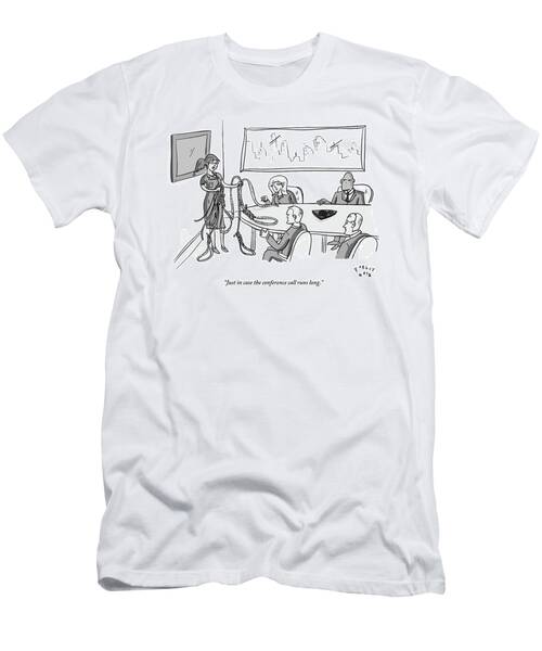 Woman Stands At The Front Of A Board Room Holding T-Shirt